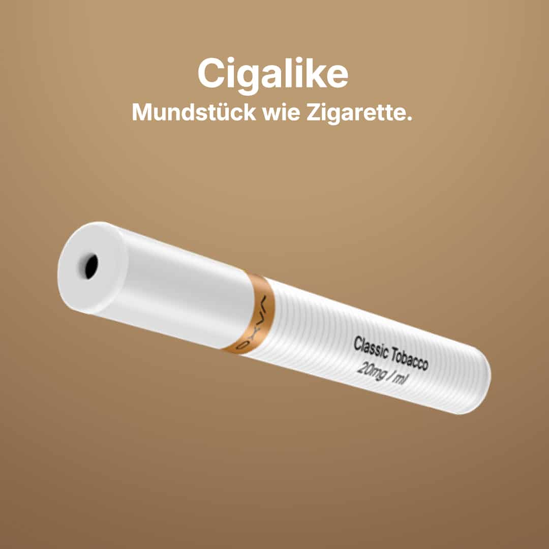 Diverse Cigalike Vape Classic Tobacco 20 mg, weisses Zigaretten-Design vor braunem Hintergrund mit Text „Cigalike“.