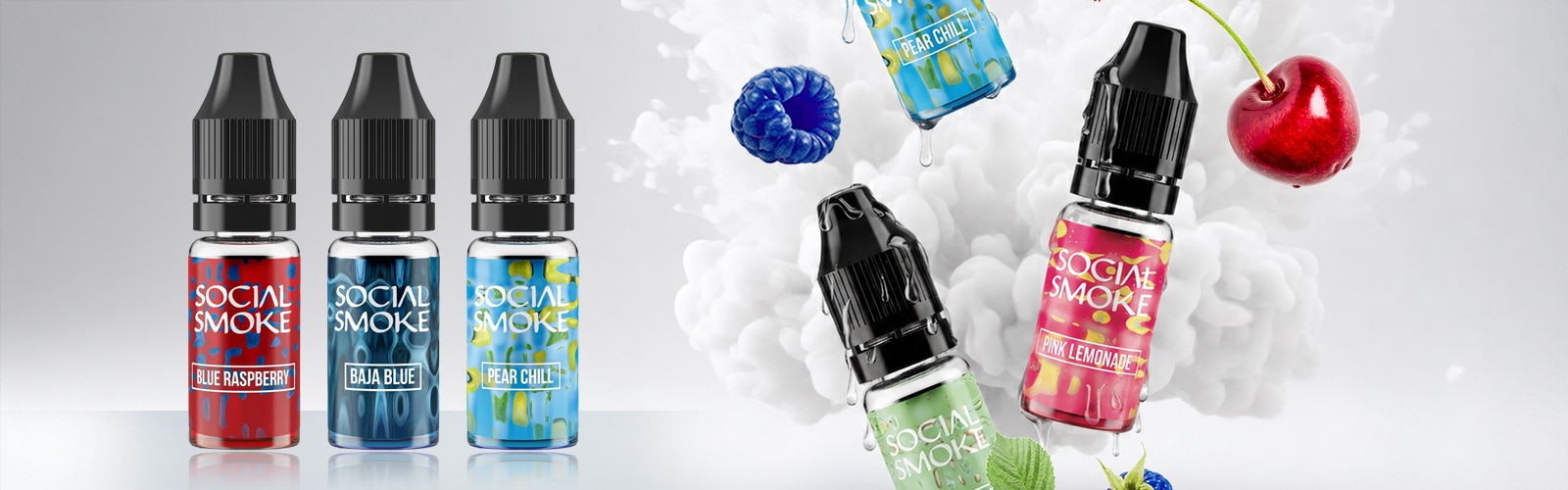 Social Smoke E-Liquid Flavours 20 mg mit Blue Raspberry, Baja Blue, Pear Chill und Pink Lemonade vor Dampfwolken