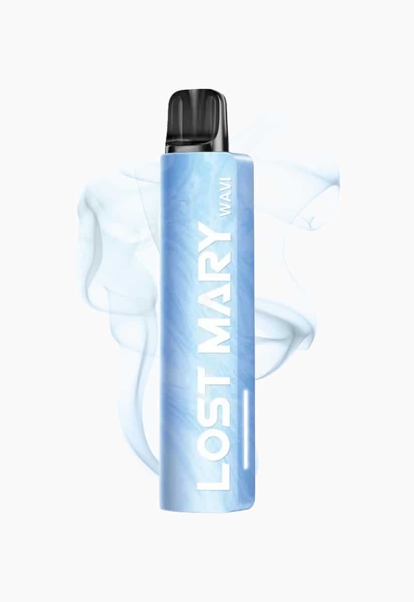 Lost Mary WAVI Vape in Blau mit schwarzem Mundstück, 20 mg, freigestellt mit Rauch-Effekt im Hintergrund