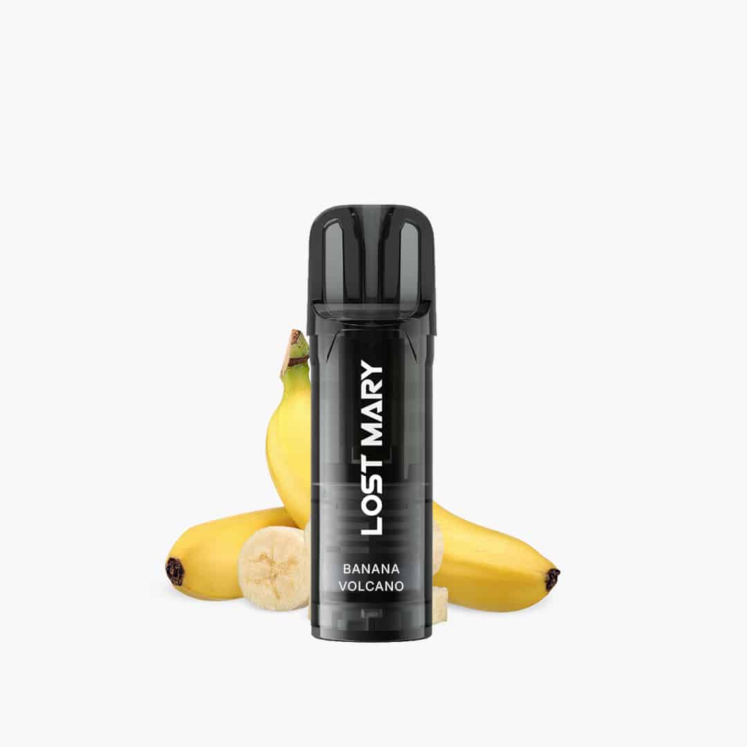 Lost Mary Vape Banana Volcano 20 mg in Schwarz, freigestellt vor Bananen als Geschmacks-Hinweis