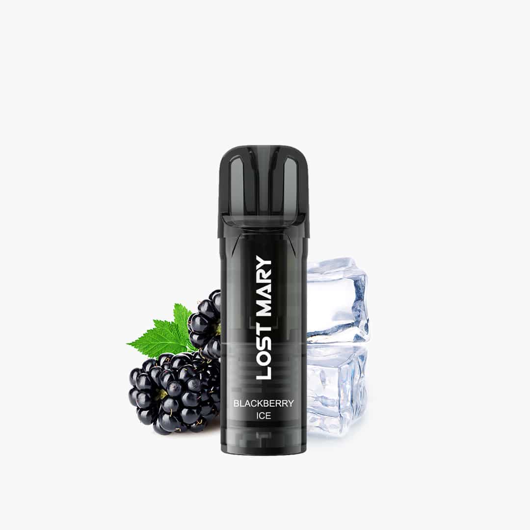 Lost Mary Vape Blackberry Ice 20 mg, schwarzes Gerät mit Brombeeren und Eiswürfeln vor weissem Hintergrund
