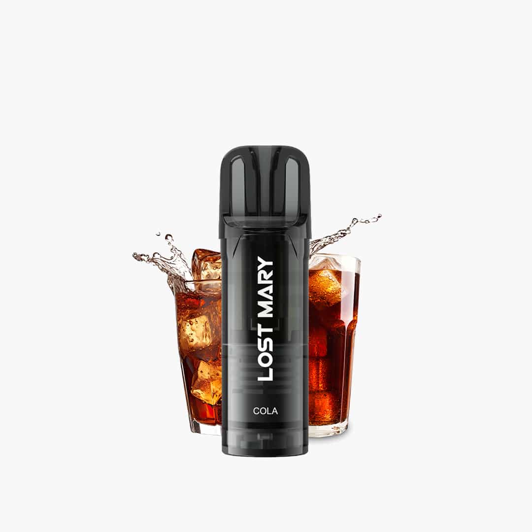 Lost Mary Vape Cola 20 mg Einweg E-Zigarette in Schwarz, vorne mit zwei Gläsern Cola und Eiswürfeln im Hintergrund.