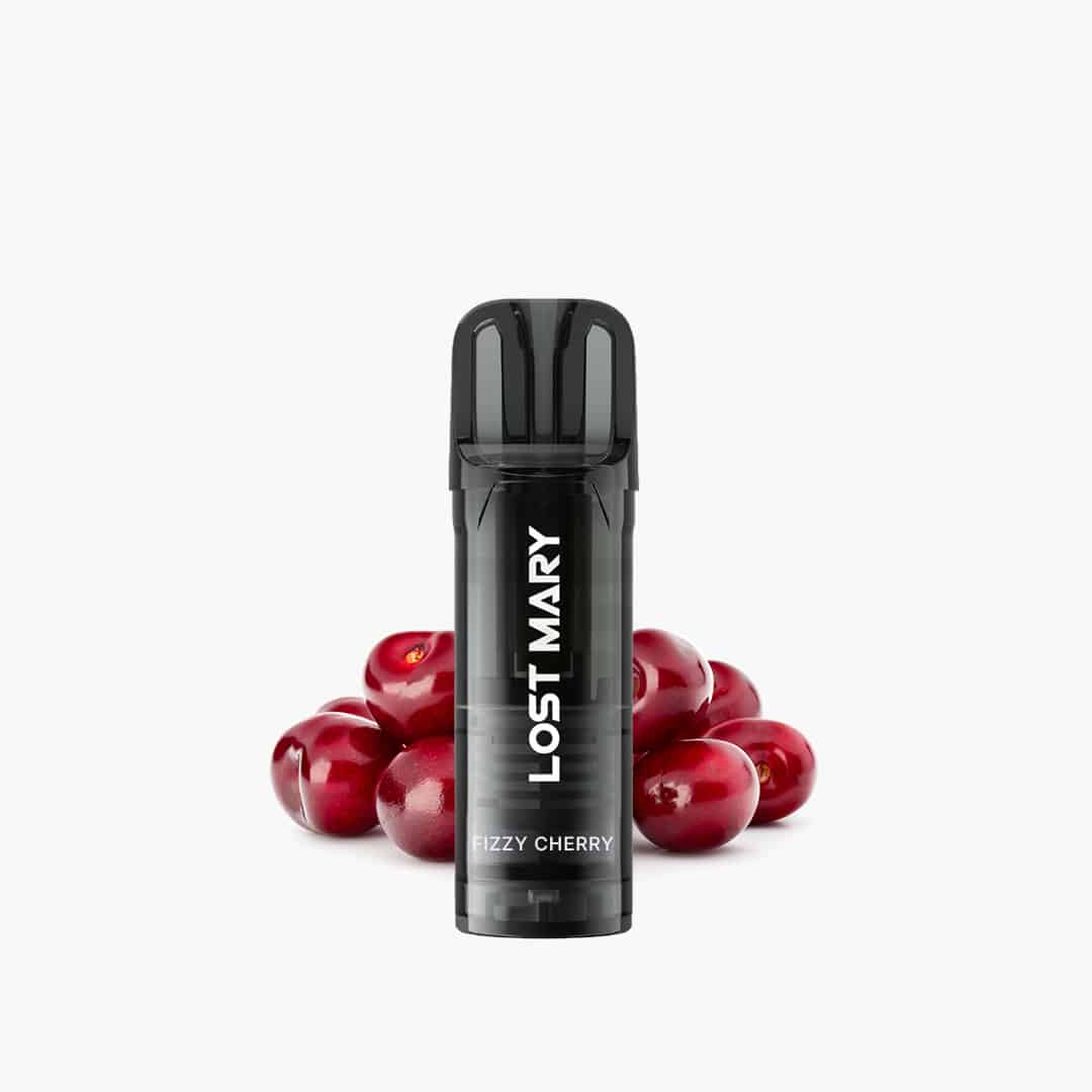 Lost Mary Vape Fizzy Cherry 20 mg in Schwarz, Produktbild mit roten Kirschen im Hintergrund
