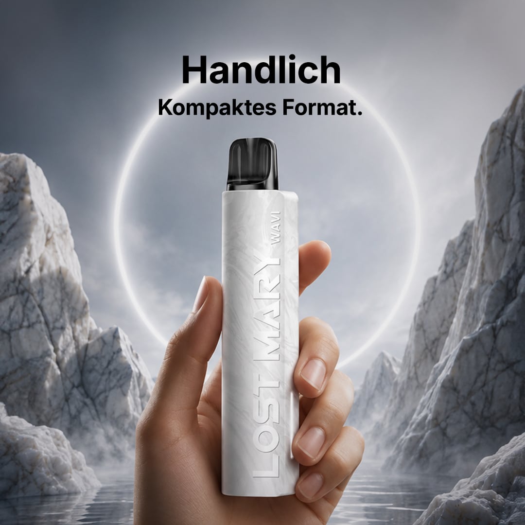 Lost Mary WAVI Vape in Weiss mit 20 mg Nikotin, in der Hand vor felsiger Landschaft und Ringlicht-Hintergrund