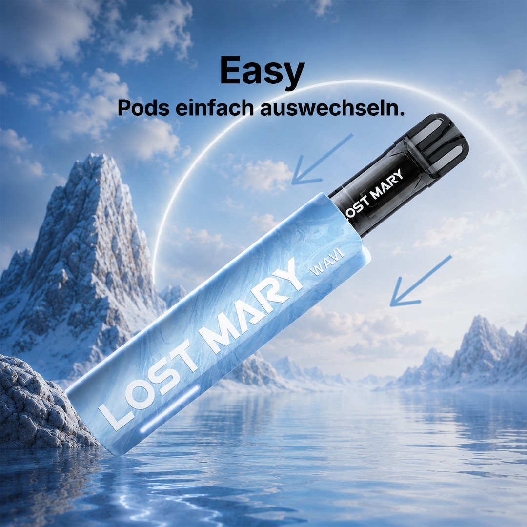 Lost Mary Wavl Pod-Vape in Blau mit aufgestecktem schwarzem Pod, Text „Easy Pods einfach auswechseln“, 20 mg