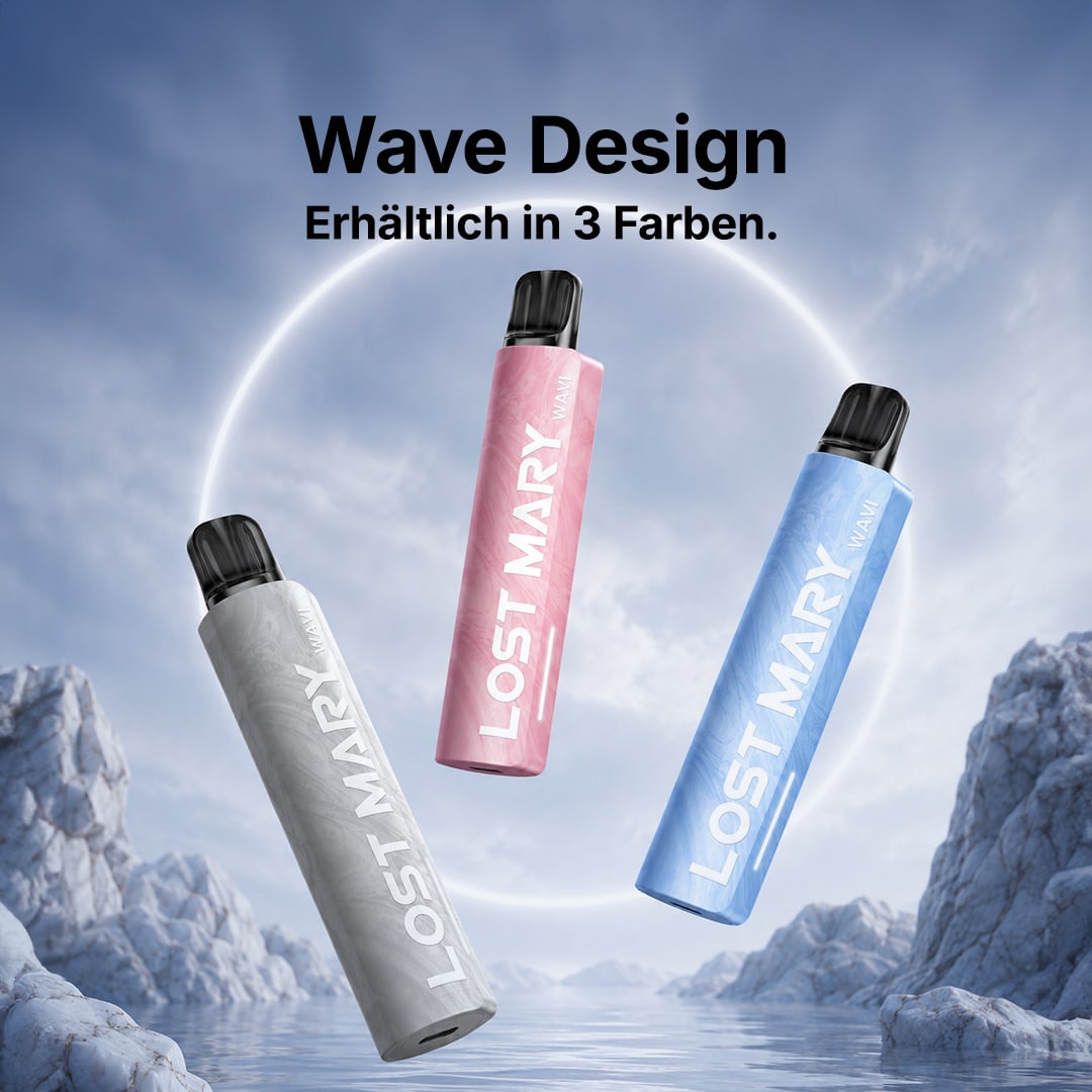 Lost Mary Wawi Vape Wave Design in Grau, Rosa und Blau mit 20 mg Nikotin vor eisiger Landschaft und Ringlicht