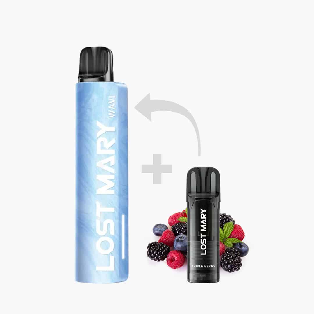 Lost Mary Wavi Vape mit Pod, Triple Berry Geschmack, blaues Gerät und schwarzer Pod, 20 mg Nikotin, mit Beerenmotiv