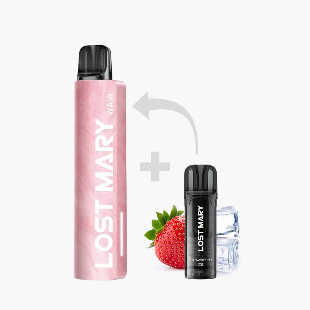 Lost Mary Wavi Vape in Rosa mit Pod, Strawberry Ice Geschmack, 20 mg Nikotin, mit Erdbeere und Eiswürfeln