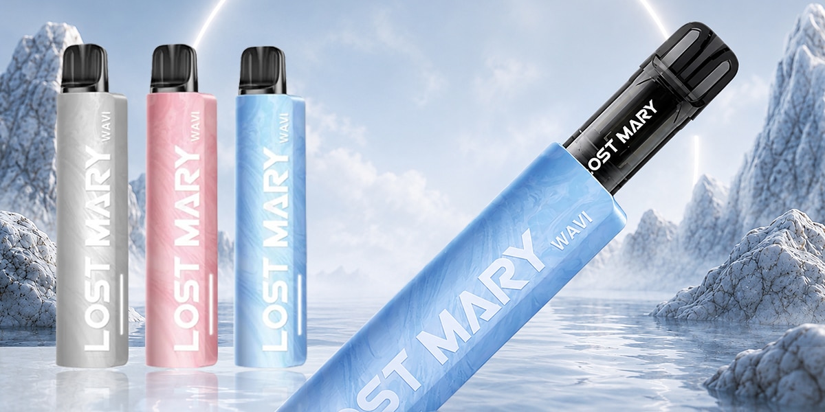 Lost Mary Wavi Vape in Blau mit 20 mg Nikotin vor eisiger Berg- und Seelandschaft, weitere Farben im Hintergrund