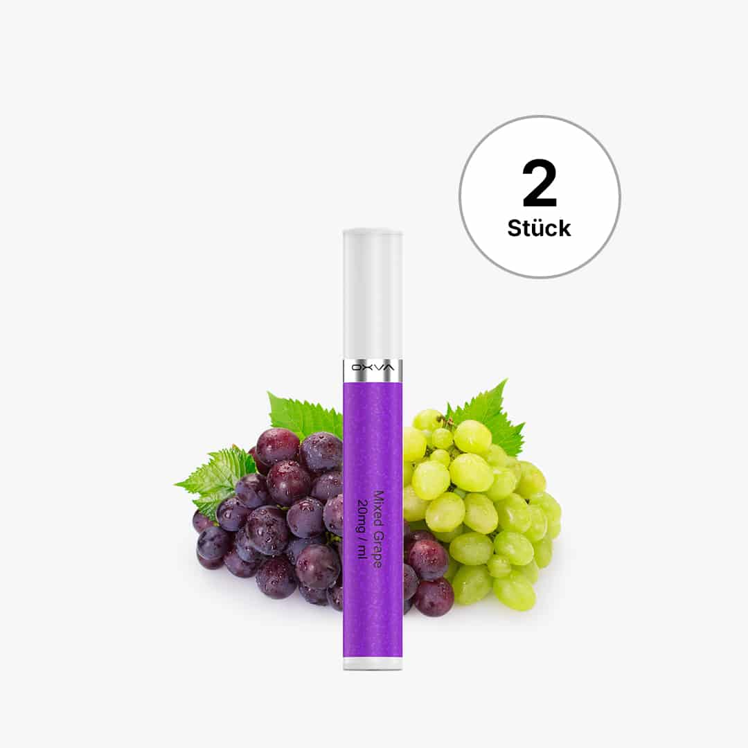 OXVA Einweg Vape Mixed Grape 20 mg, violettes Gerät vor grünen und dunklen Trauben, 2 Stück Hinweis