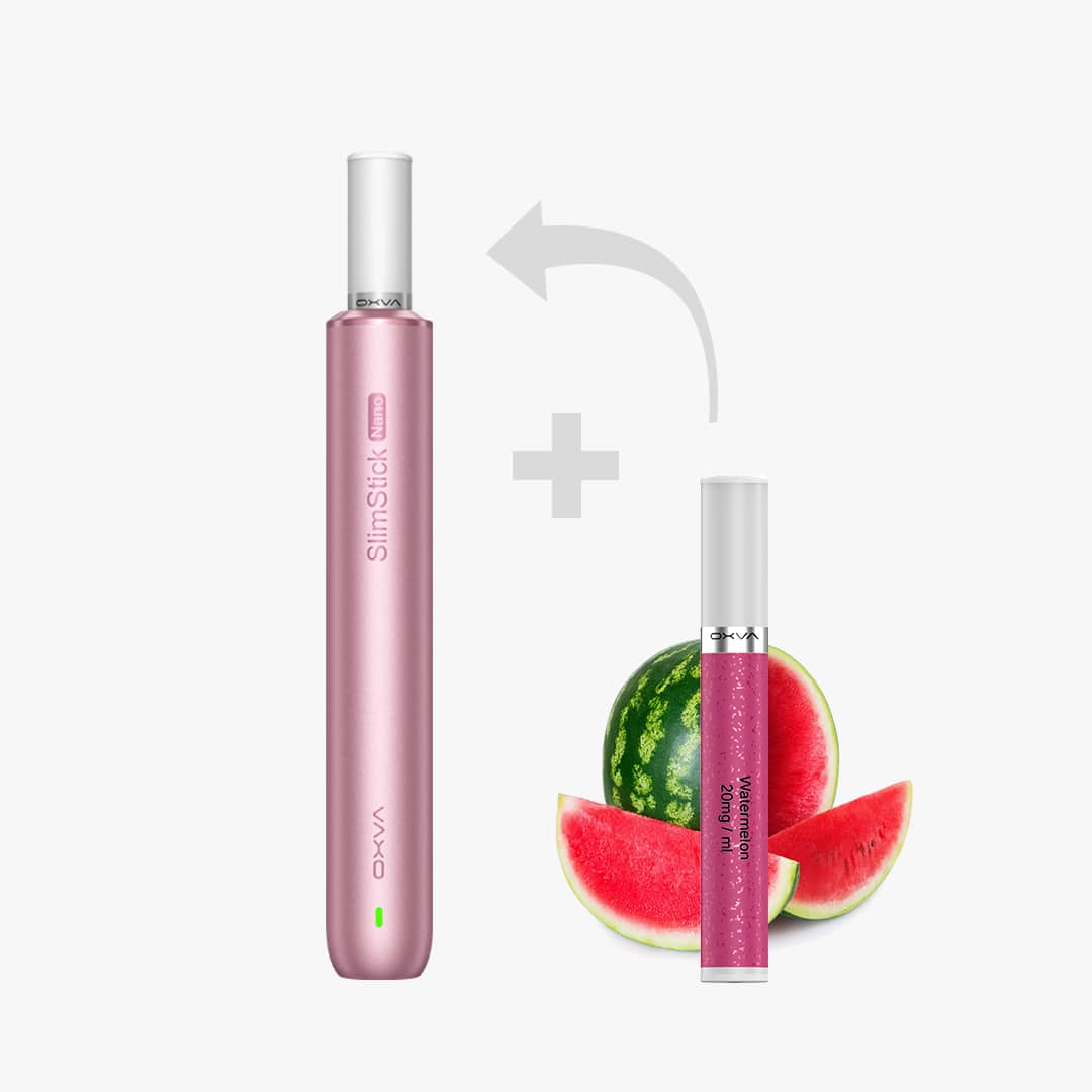 OXVA SlimStick Nano Vape in Pink mit Watermelon Pod 20 mg/ml, mit Wassermelonen-Motiv auf weissem Hintergrund
