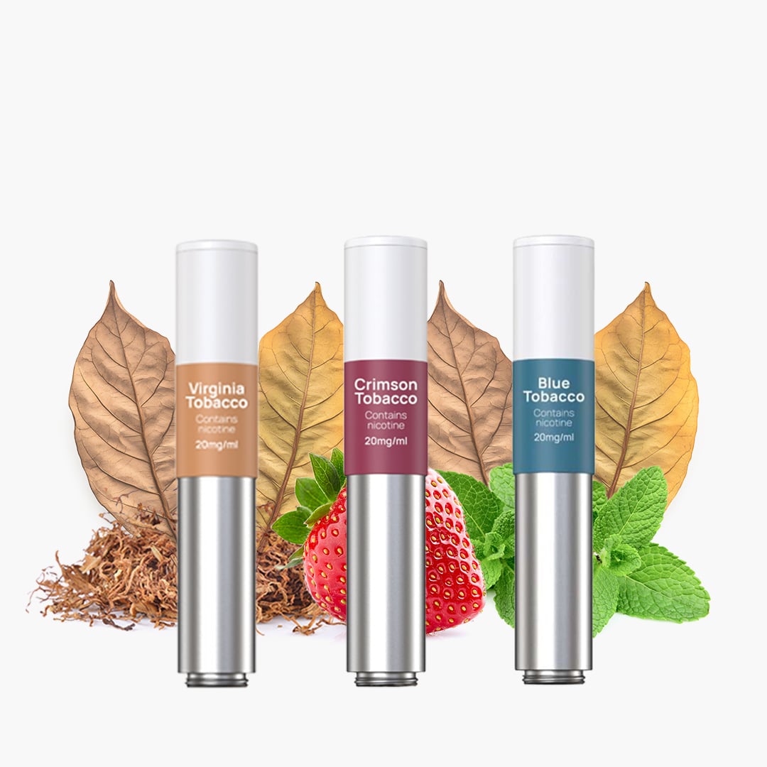 3 Vape-Pods: Virginia Tobacco, Crimson Tobacco und Blue Tobacco, je 20 mg Nikotin, mit Tabakblättern, Erdbeeren und Minze