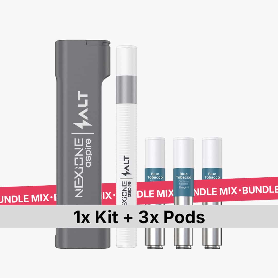 Aspire Nexi One Salt Kit mit 3 Pods Blue Tobacco 20 mg, graues Gerät und drei Pods im Set auf weissem Hintergrund
