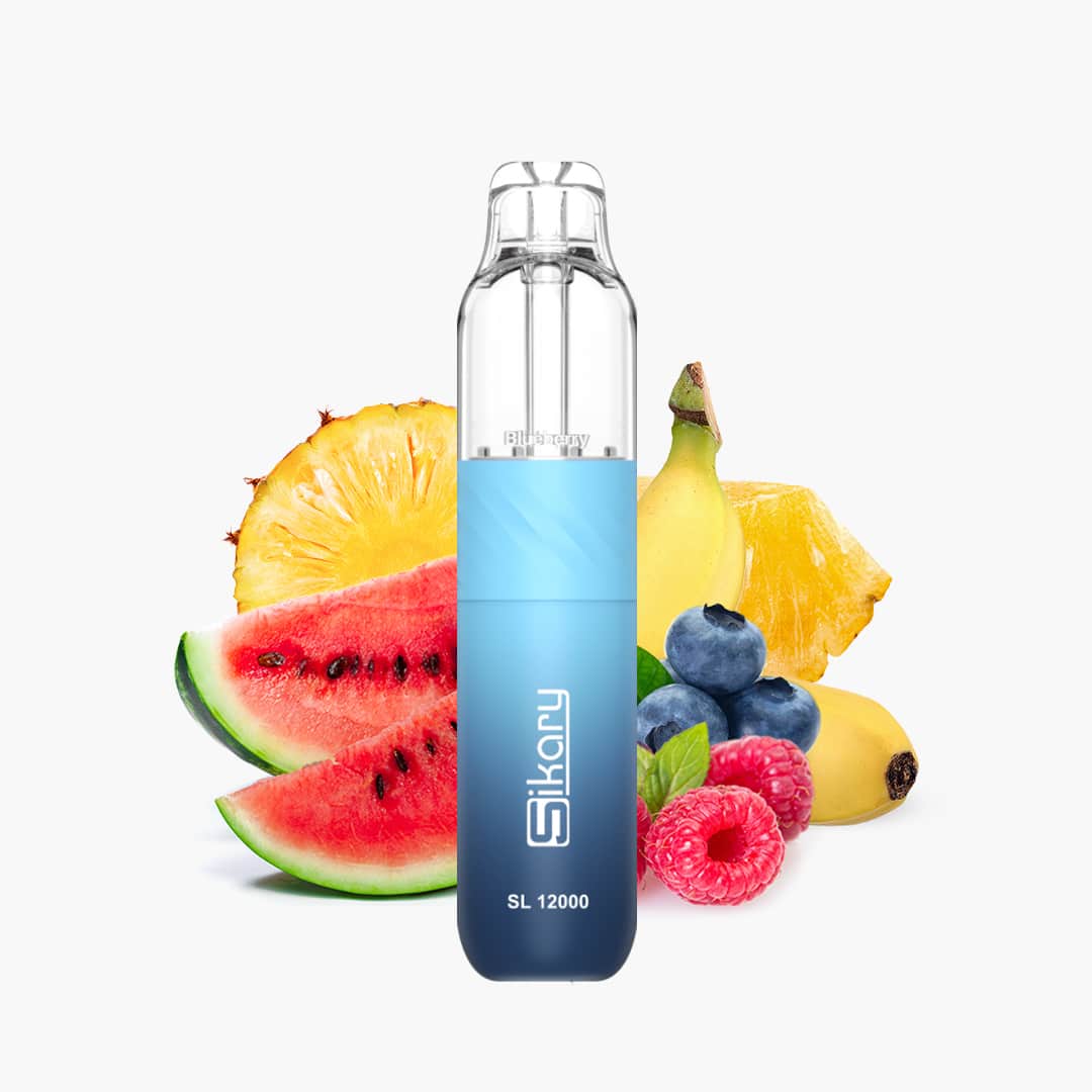 Sikary SL 12000 Vape Blueberry 20 mg in Blau mit Früchten im Hintergrund (Wassermelone, Ananas, Banane, Beeren).