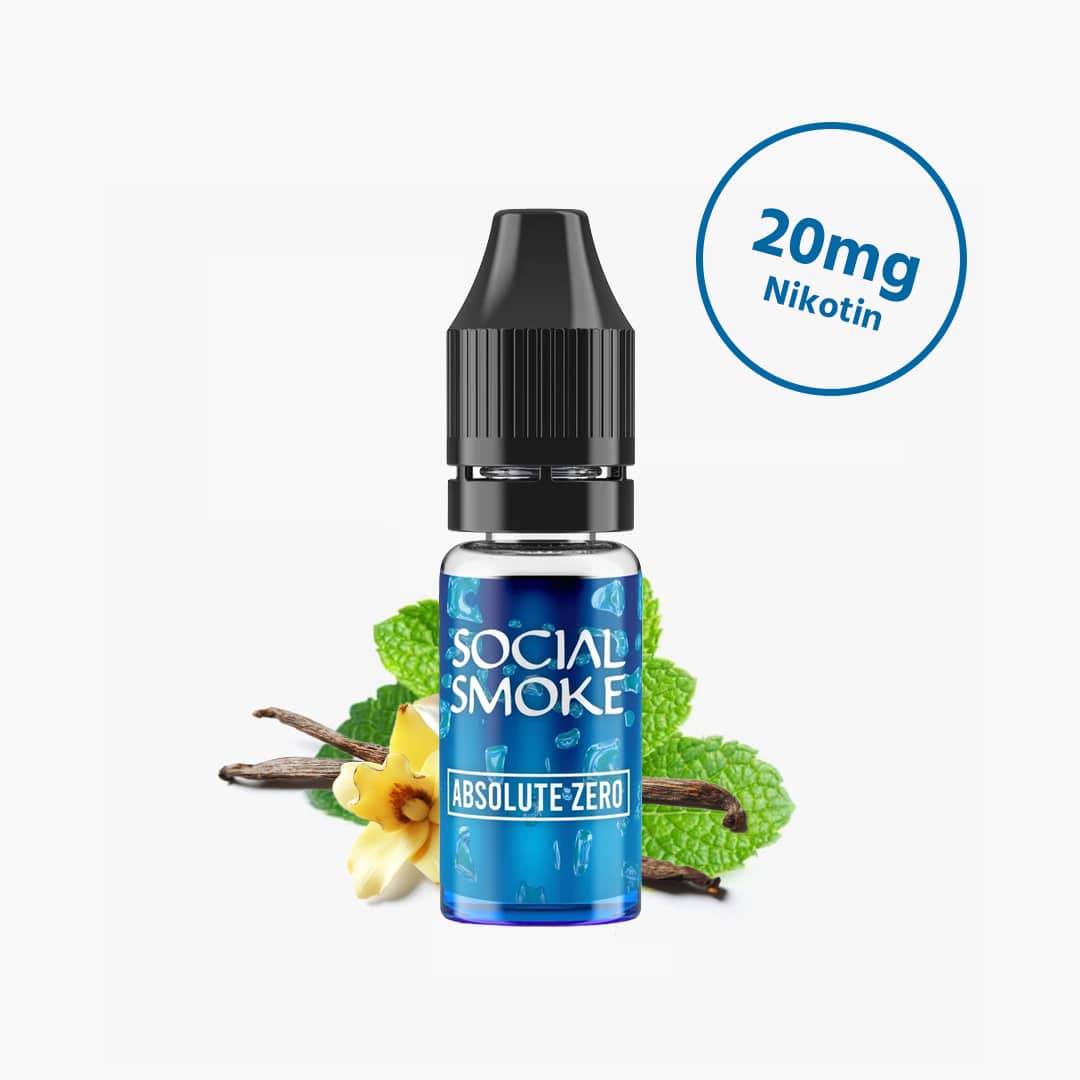 Social Smoke Absolute Zero E-Liquid 20 mg Nikotin, blaue Flasche mit Minze und Vanille im Hintergrund