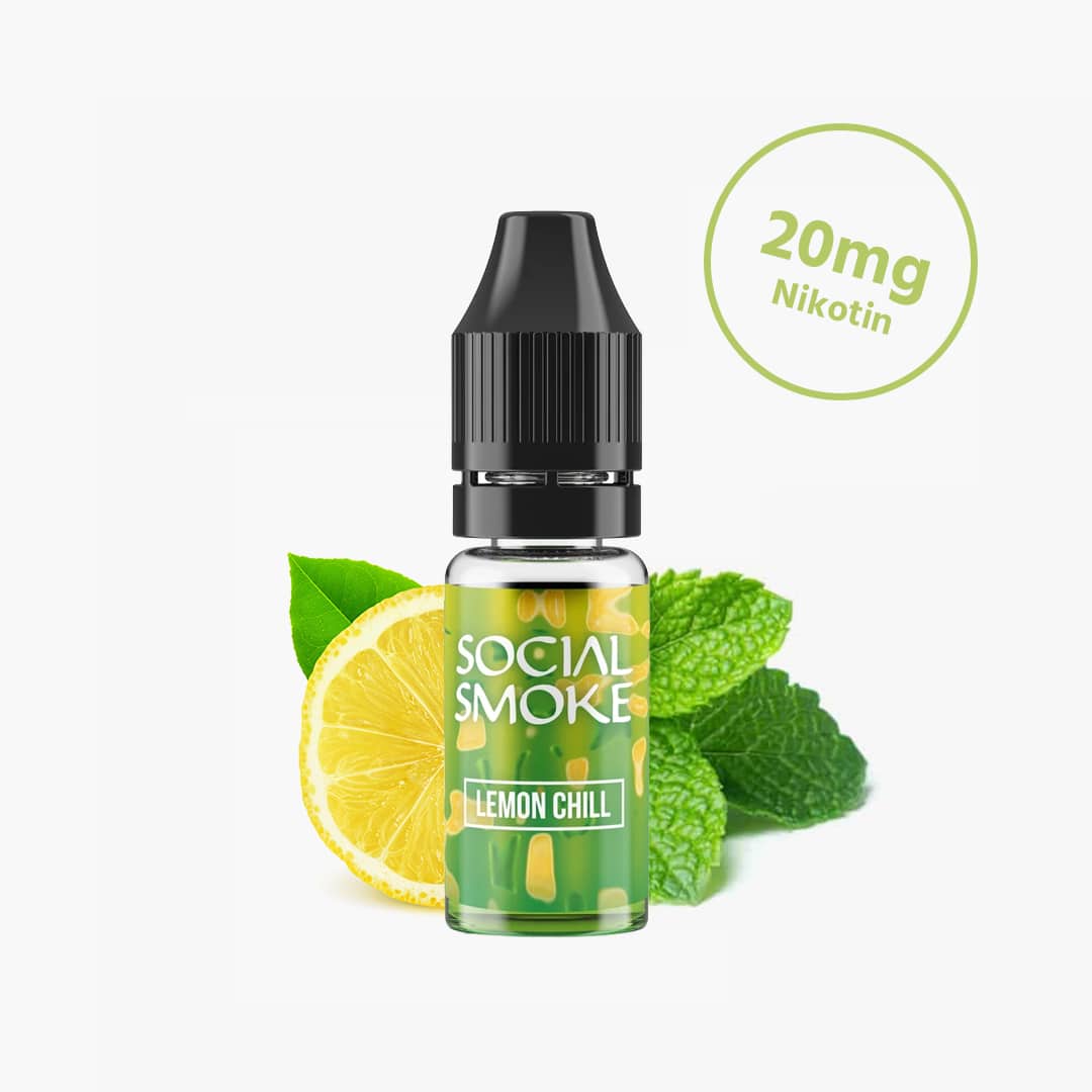 Social Smoke Lemon Chill E-Liquid 20 mg Nikotin, Flasche mit Zitrone und Minzblättern auf weissem Hintergrund