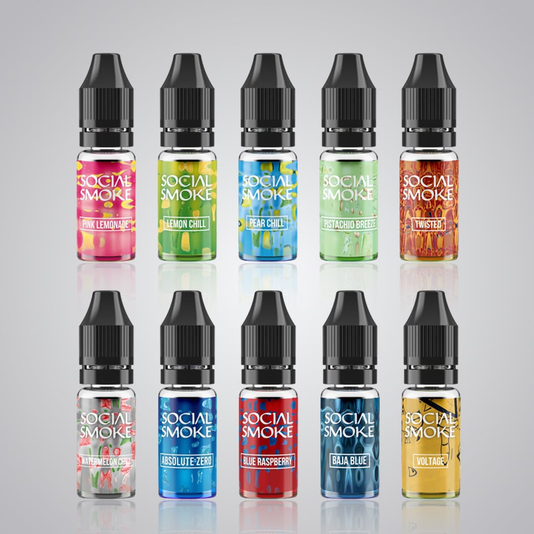 Social Smoke E-Liquid Set 20 mg mit Pink Lemonade, Lemon Chill, Pear Chill, Pistachio Breeze, Twisted, Watermelon Chill, Absolute Zero, Blue Raspberry, Baja Blue, Voltage