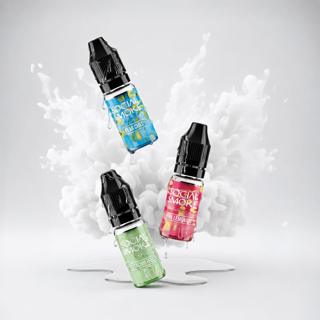 Drei Social Smoke E-Liquid Fläschchen 20 mg: Pear Chill (blau), Pink Lemonade (pink) und Pistachio Breeze (grün) vor weissem Dampf