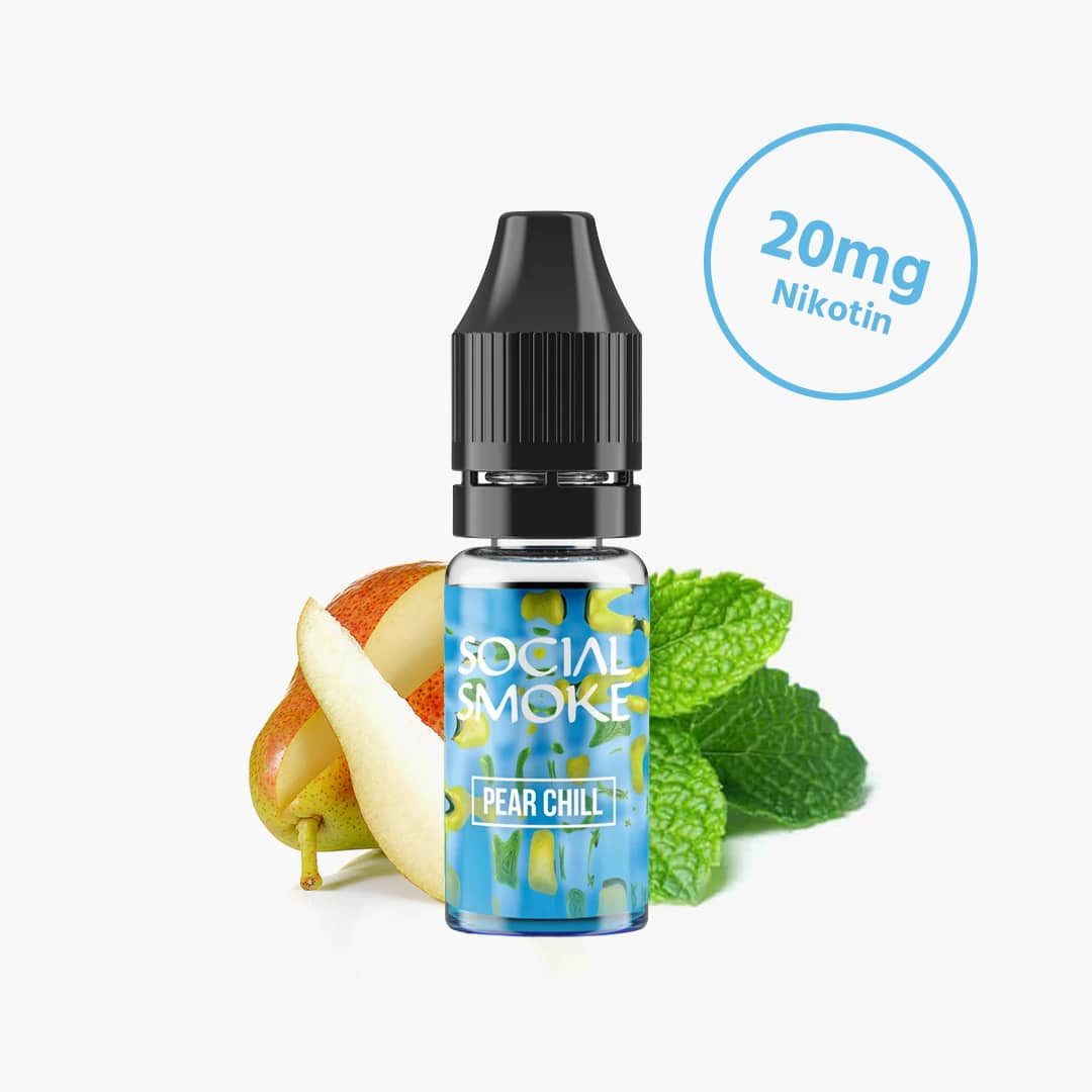 Social Smoke Pear Chill E-Liquid 20 mg Nikotin, Flasche mit Birne und Minze auf weissem Hintergrund
