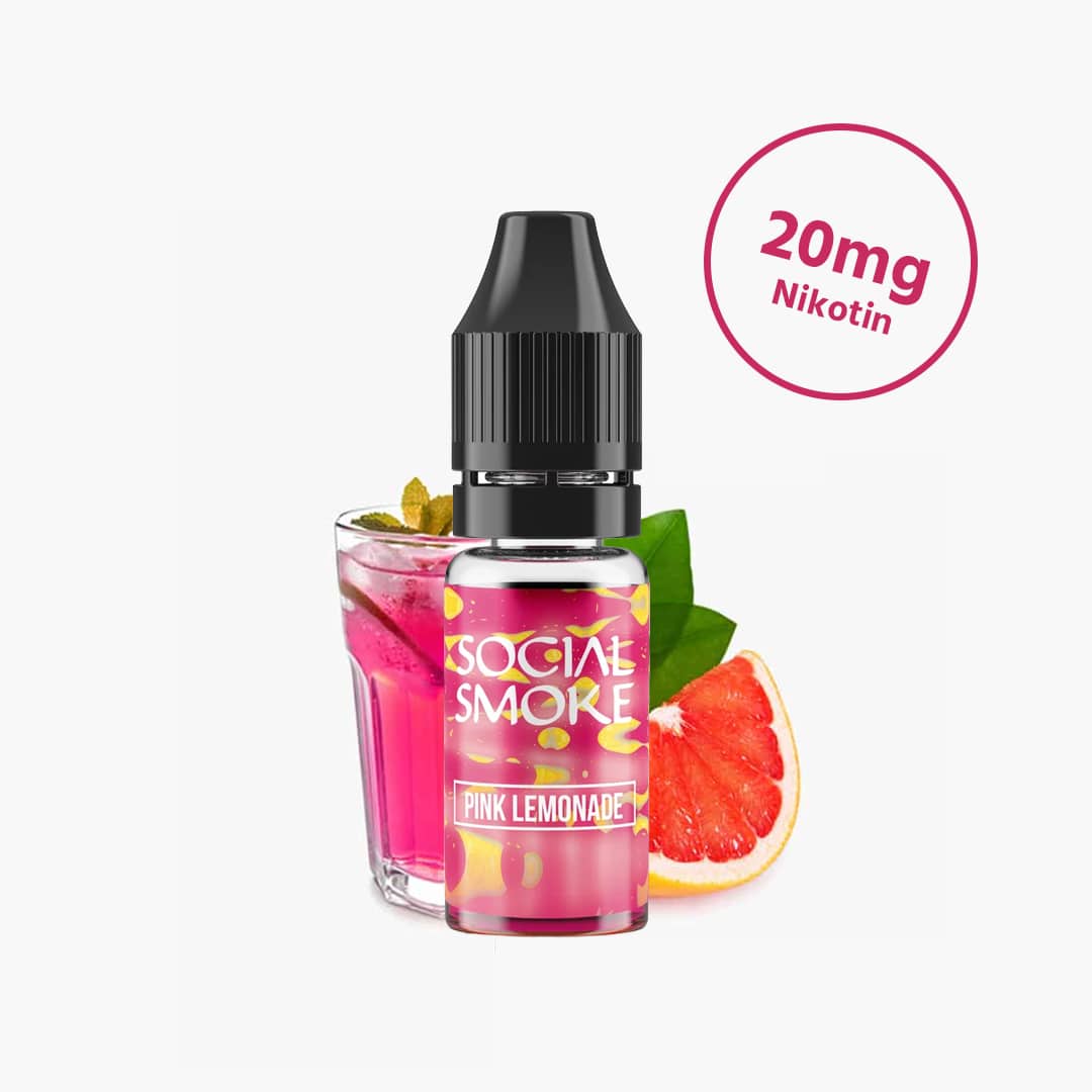 Social Smoke Pink Lemonade E-Liquid Flasche mit 20 mg Nikotin, pinkes Getränk im Glas und Grapefruit im Hintergrund