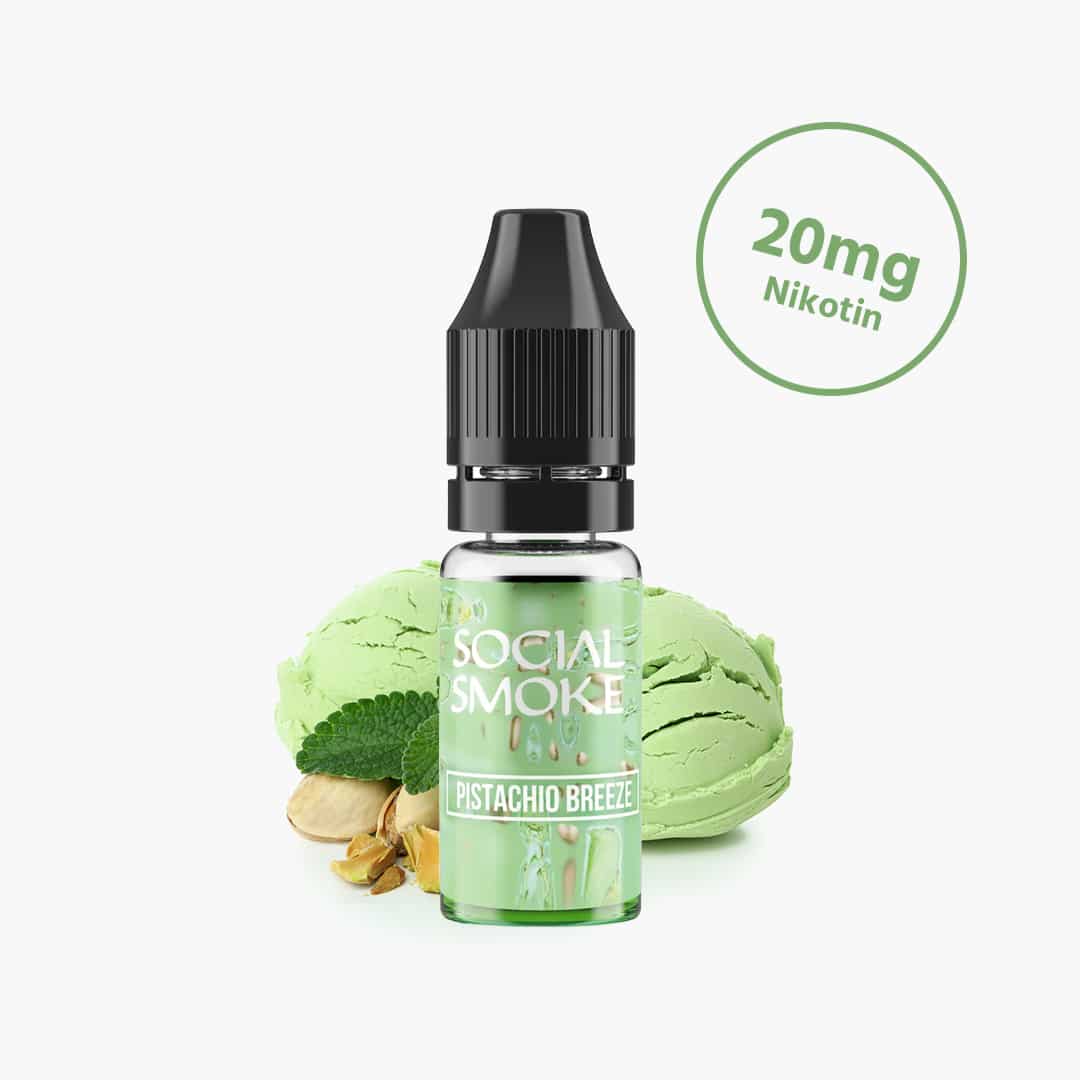 Social Smoke E-Liquid Pistachio Breeze 20 mg Nikotin, Fläschchen mit Pistazie, Minze und grüner Eiscreme im Hintergrund