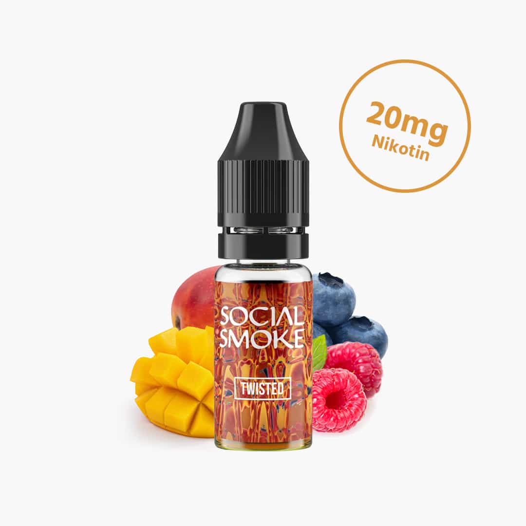 Social Smoke Twisted E-Liquid 20 mg Nikotin mit Mango, Blaubeeren und Himbeeren auf weissem Hintergrund