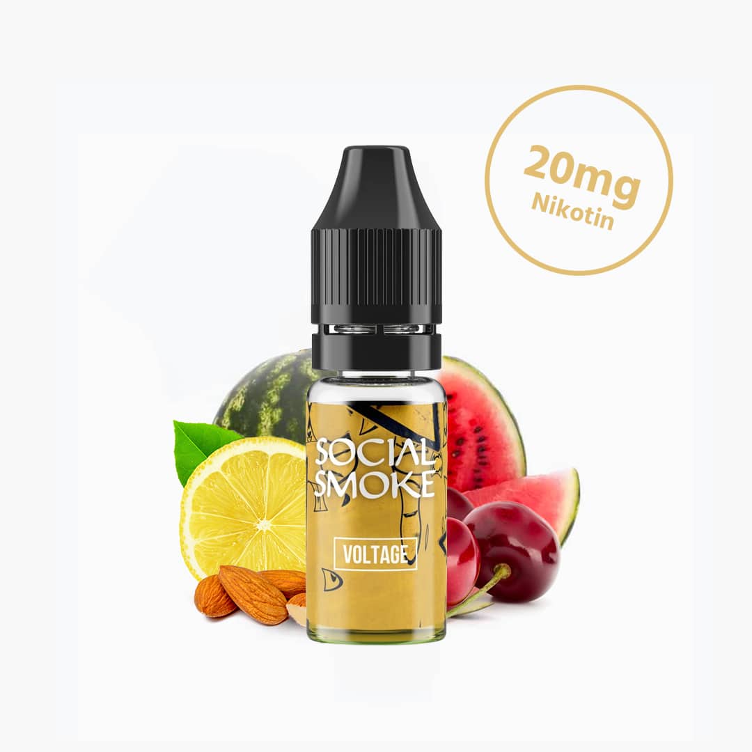 Social Smoke Voltage E-Liquid 20 mg Nikotin in Flasche, mit Wassermelone, Zitrone, Kirschen und Mandeln im Hintergrund