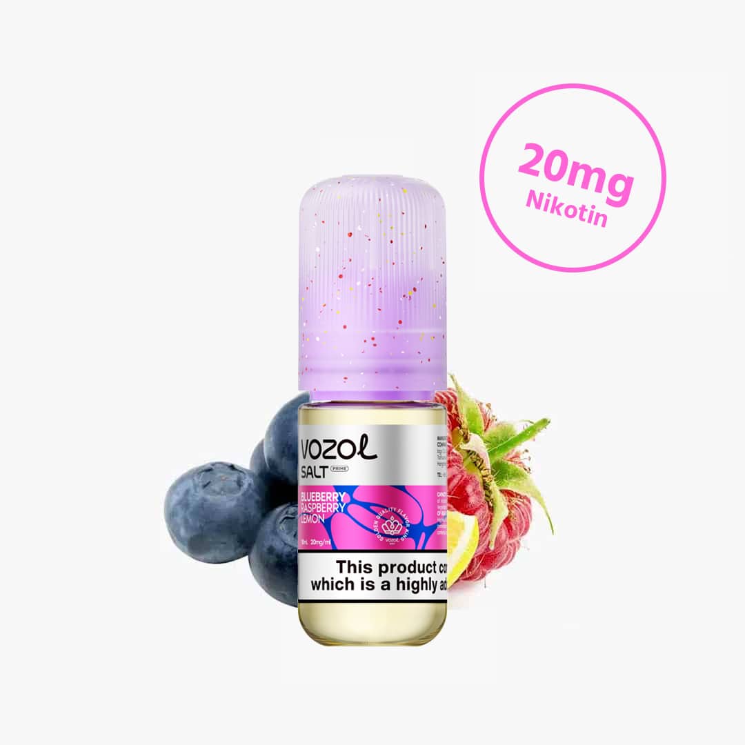 Vozol Salt Prime Blueberry Raspberry Lemon E-Liquid 20 mg Nikotin, Flasche mit Blaubeeren und Himbeeren