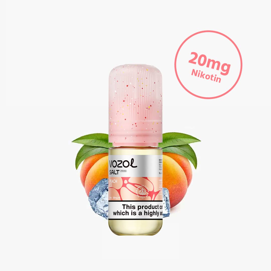 Vozol Salt Prime Peach Ice E-Liquid mit 20 mg Nikotin, Flasche vor Pfirsich und Eiswürfeln auf weissem Hintergrund