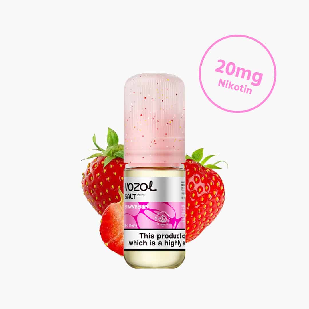 Vozol Salt Prime E-Liquid Strawberry 20 mg Nikotin, Flasche mit rosa Etikett und Erdbeeren im Hintergrund
