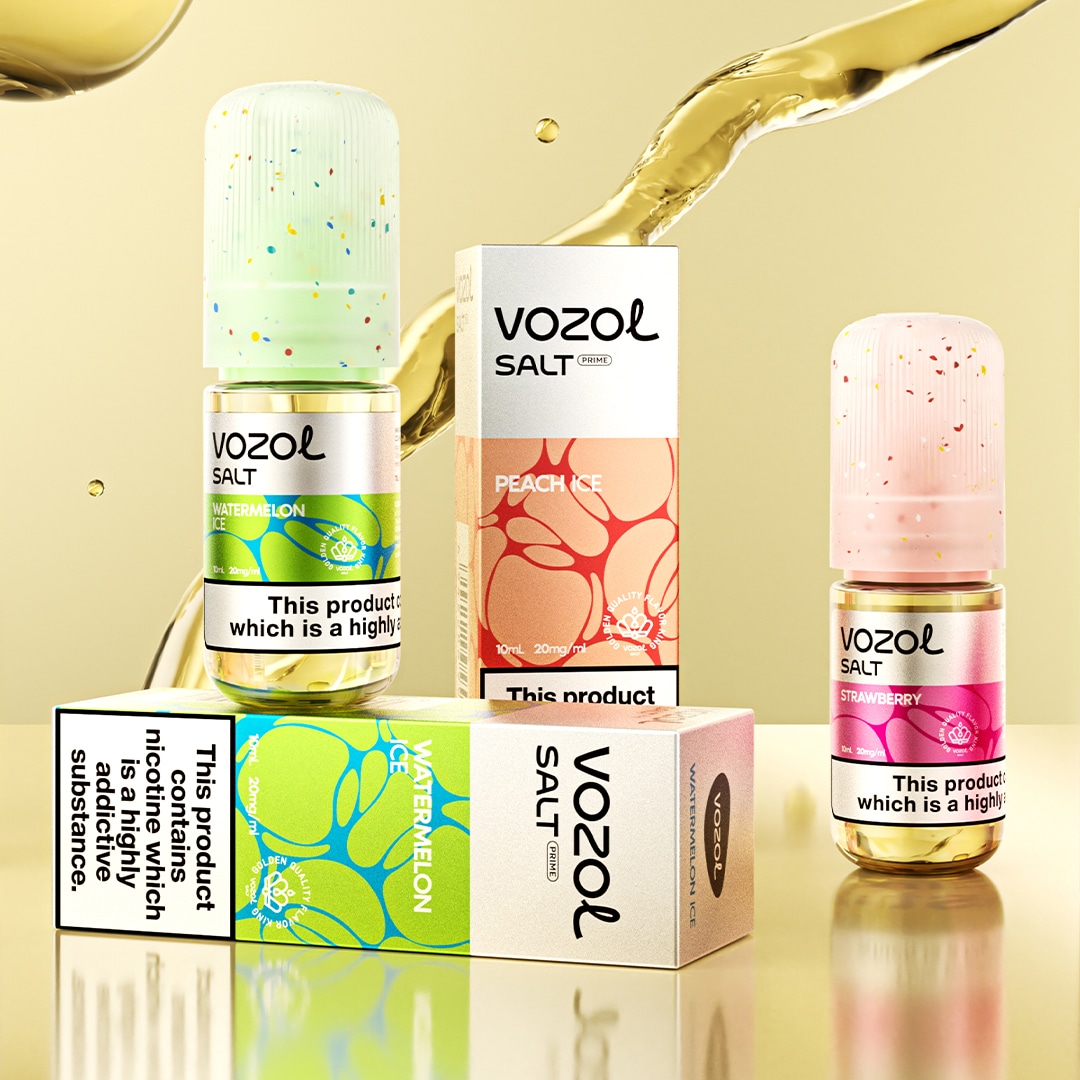 VOZOL Salt Prime Nikotinsalz 20 mg Watermelon Ice E-Liquid, Flasche und Verpackung im Studio-Set mit weiteren Sorten