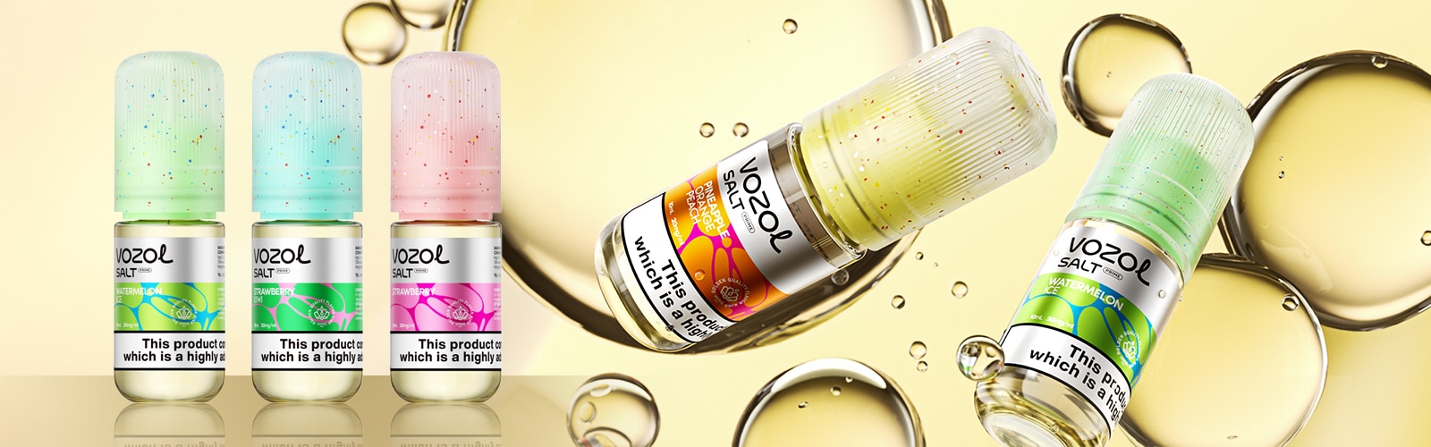 VOZOL Salt Liquid Mix 20 mg, Watermelon, plusieurs flacons sur fond jaune avec des bulles
