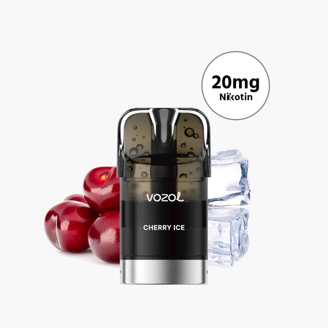 VOZOL Cherry Ice Pod with 20 mg of nicotine; a black pod with cherries and ice cubes on a white background