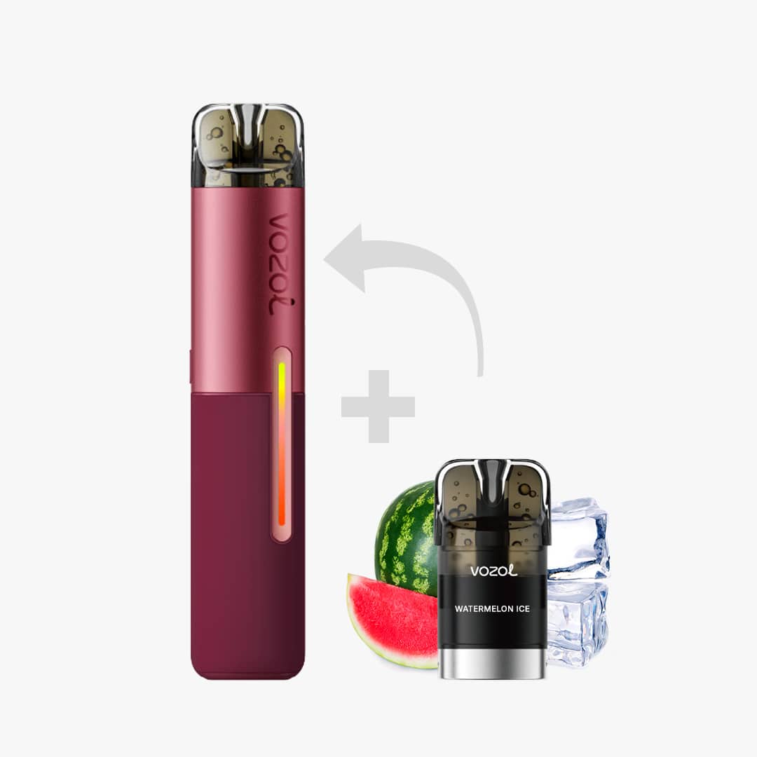 Vape VOZOL avec pod « Watermelon Ice », 20 mg de nicotine, appareil rouge et pod aux arômes de pastèque et de glaçons
