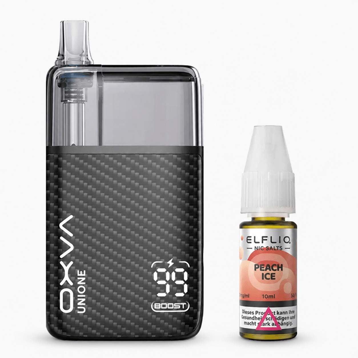 OXVA Oneo Boost Pod Vape in Carbon-Optik mit ELFLIQ Nic Salts Peach Ice E-Liquid Flasche, 50 mg, freigestellt