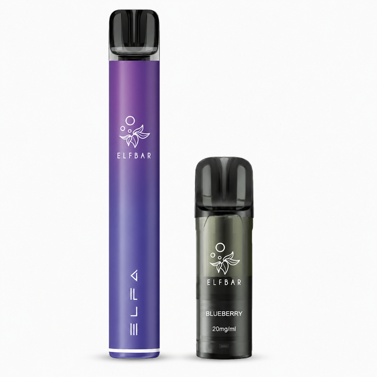 ELFBAR ELFA Pod Blueberry 20 mg/ml, schwarzer Pod mit Aufdruck vor lila ELFA Akku auf weissem Hintergrund