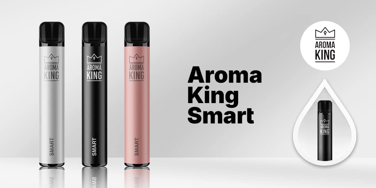 Aroma King Smart Einweg-Vape 20 mg in Silber, Schwarz und Rosa vor grauem Hintergrund mit Aroma King Smart Schriftzug