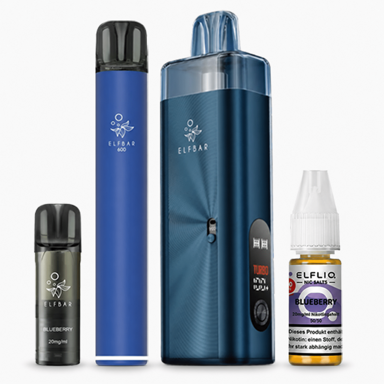 ELFBAR Vape Set Blueberry 20 mg mit blauem Gerät, Pod und Elfliq Nic Salts Flasche auf weissem Hintergrund
