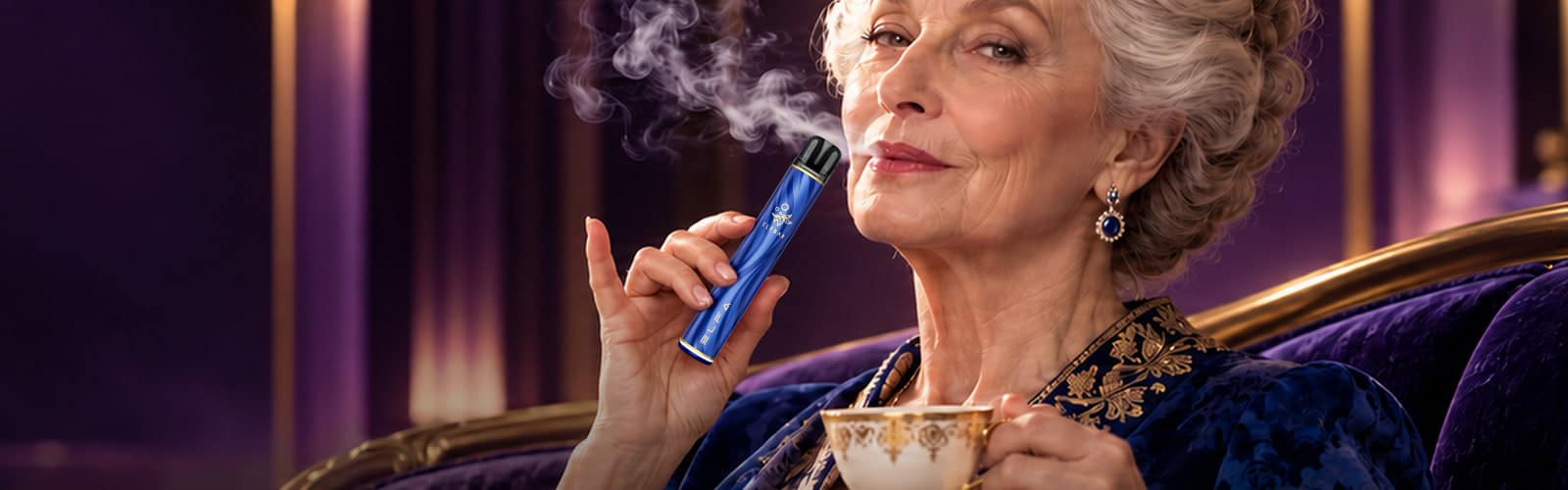ELFBAR ELFA Blue Vape 20 mg in Blau, in der Hand einer Person in Wohnzimmer-Setting mit Tasse