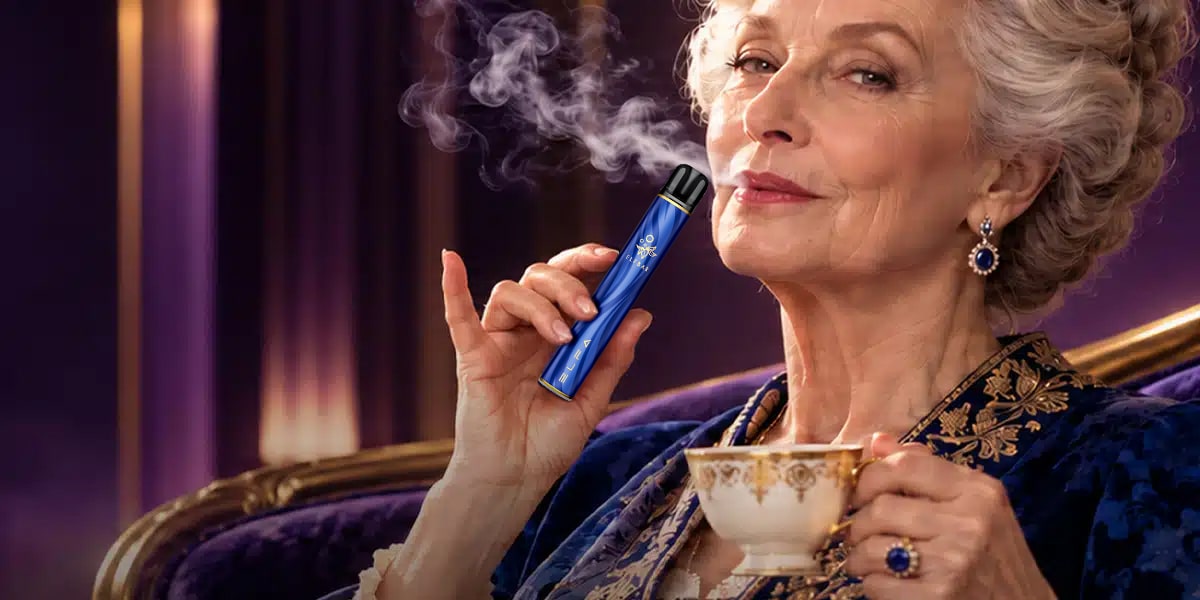ELFA blaue Vape 20 mg in der Hand einer Frau, mit Dampf und Teetasse im eleganten Wohnzimmer