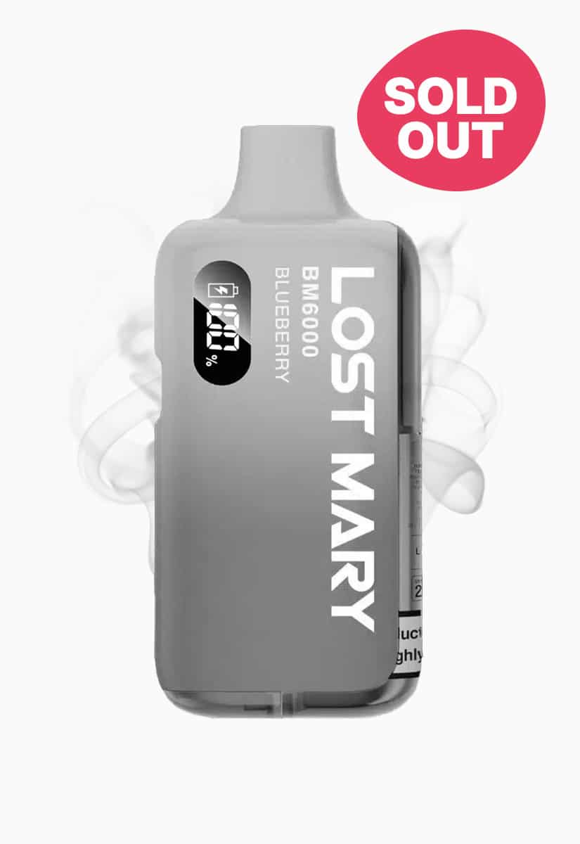 Lost Mary BM6000 Einweg-Vape Blueberry 20 mg in Grau mit Display, Produktfoto mit Sold-Out-Badge