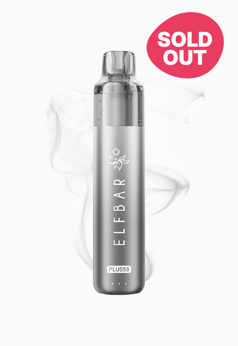Silberne ELFBAR Plus 50 Vape 20 mg mit Sold-Out Badge auf weissem Hintergrund