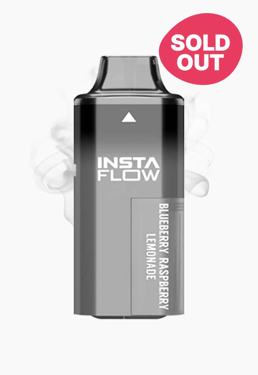 Insta Flow Vape Blueberry Raspberry Lemonade 20 mg in Grau/Schwarz, Produktfoto mit Rauch-Optik und Sold-Out Badge