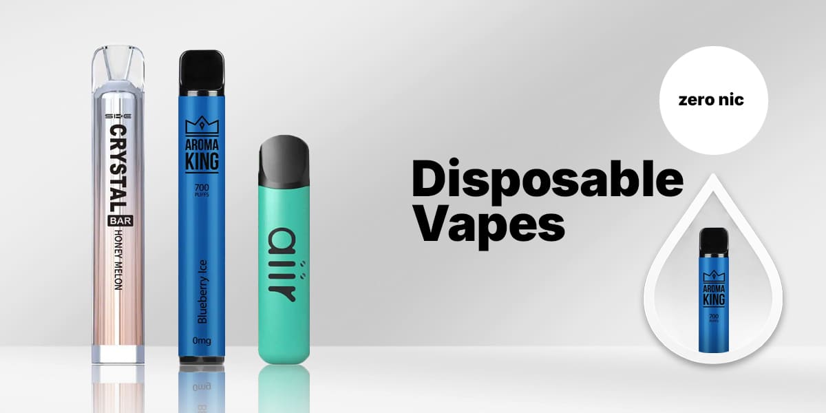 Werbebild: Disposable Vapes 0 mg (zero nic) mit SKE Crystal Bar Honey Melon, Aroma King Blueberry Ice und AIR Vape