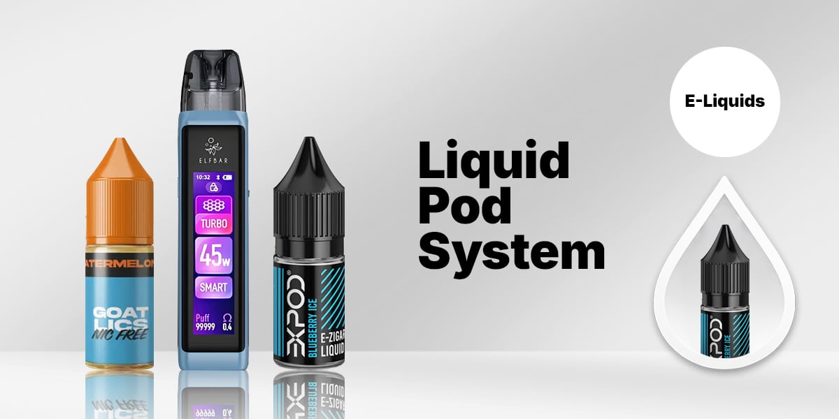 Banner mit E-Liquids: Elfbar Pod-Gerät, Flasche „Goat Ics Nic Free Watermelon“ und „ExPod Blueberry Ice“; Text „Liquid Pod System“; 20 mg