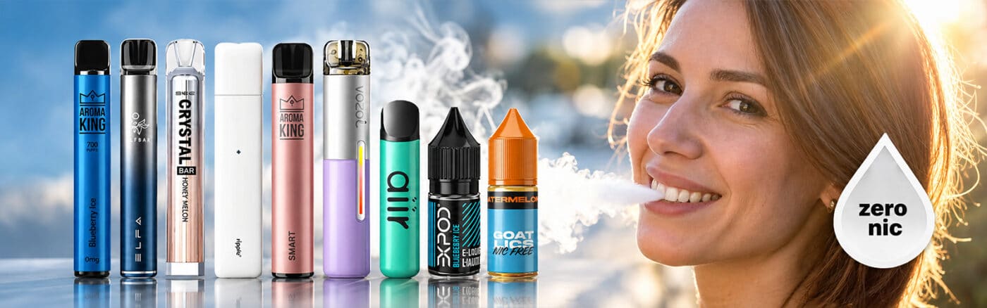 Auswahl an Zero Nic Vapes und E-Liquids mit 0 mg Nikotin, diverse Marken und Farben, Frau beim Dampfen im Hintergrund