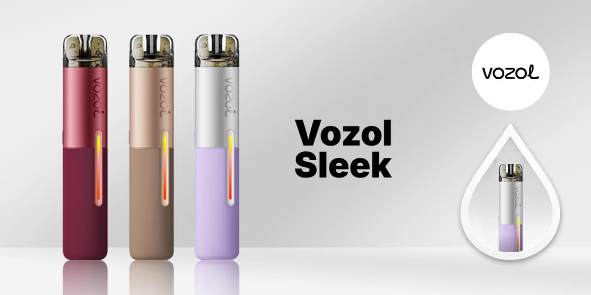 Vozol Sleek Vape 20 mg, drei Geräte in Rot, Beige und Weiss/Lila vor hellem Hintergrund mit Vozol Logo