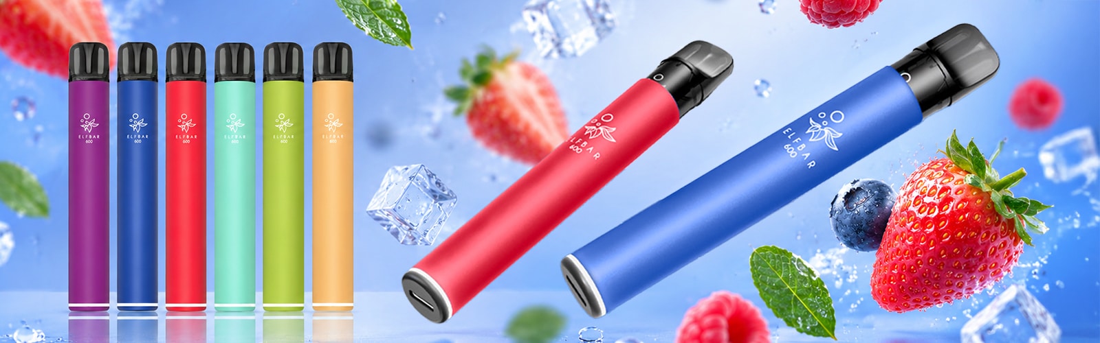 ELFBAR 600 A Set multicolore di vaporizzatori usa e getta da 20 mg, con stick di diversi colori su sfondo a tema frutti di bosco e gelato