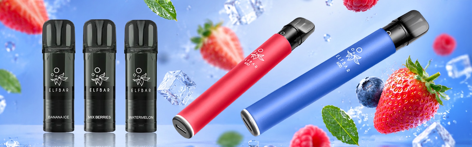 ELFBAR 600 Einweg-Vape 20 mg mit Mix Berries, Banana Ice und Watermelon auf fruchtigem Hintergrund mit Eiswürfeln