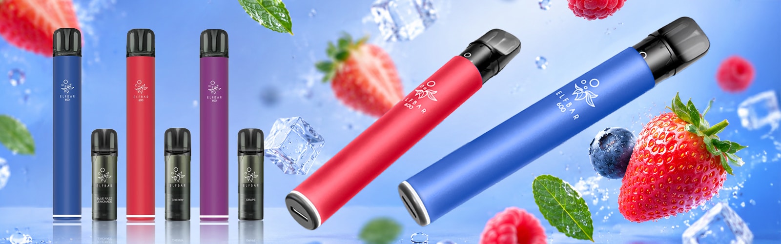 ELFBAR 600 Einweg Vape 20 mg in Blau, Rot und Lila mit Pods, Beerenfrüchten, Minzblättern und Eiswürfeln im Hintergrund